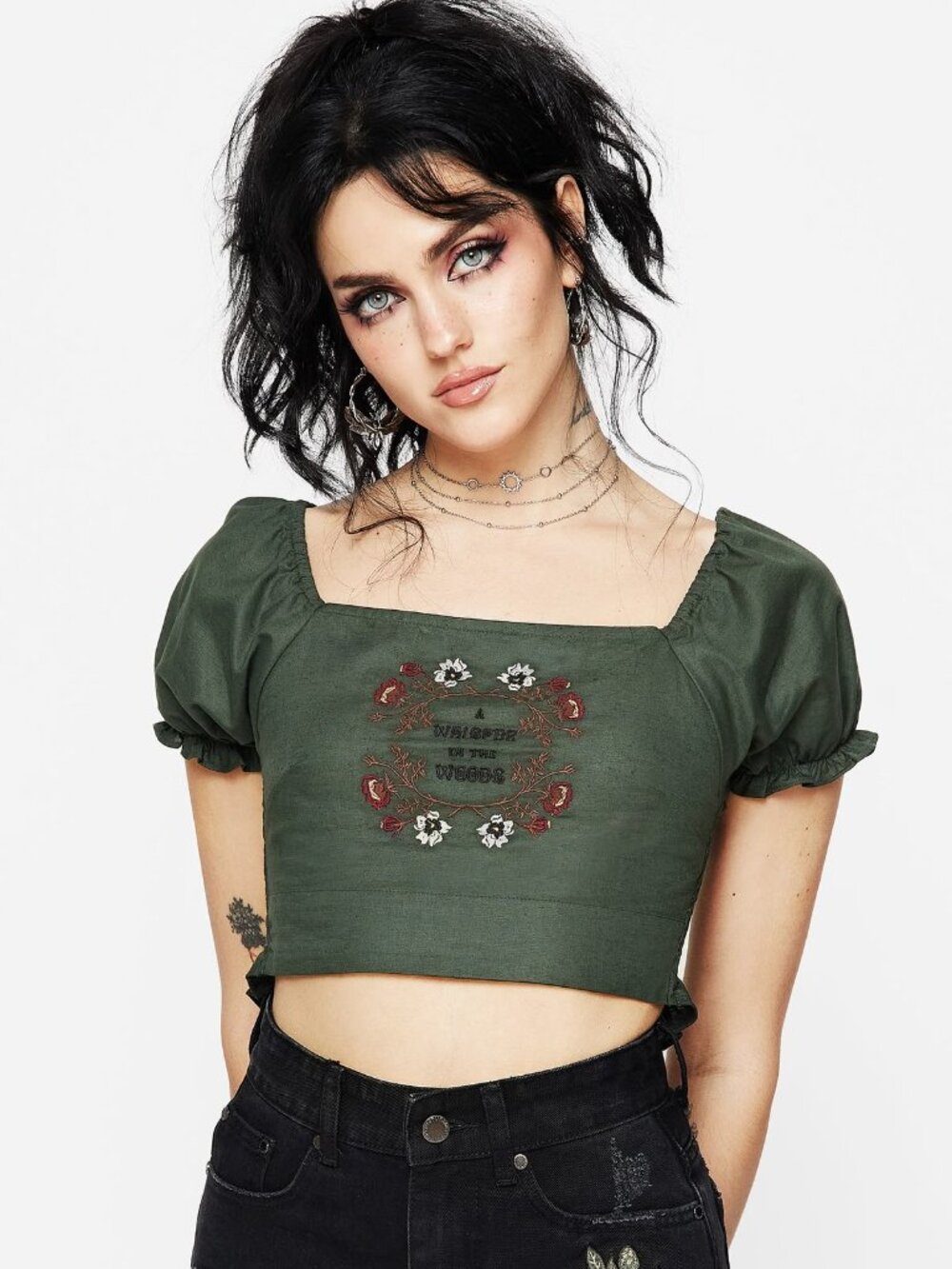 DISTURBIA Whisper dark cottagecore whimsigoth linen blend puff sleeve crop top